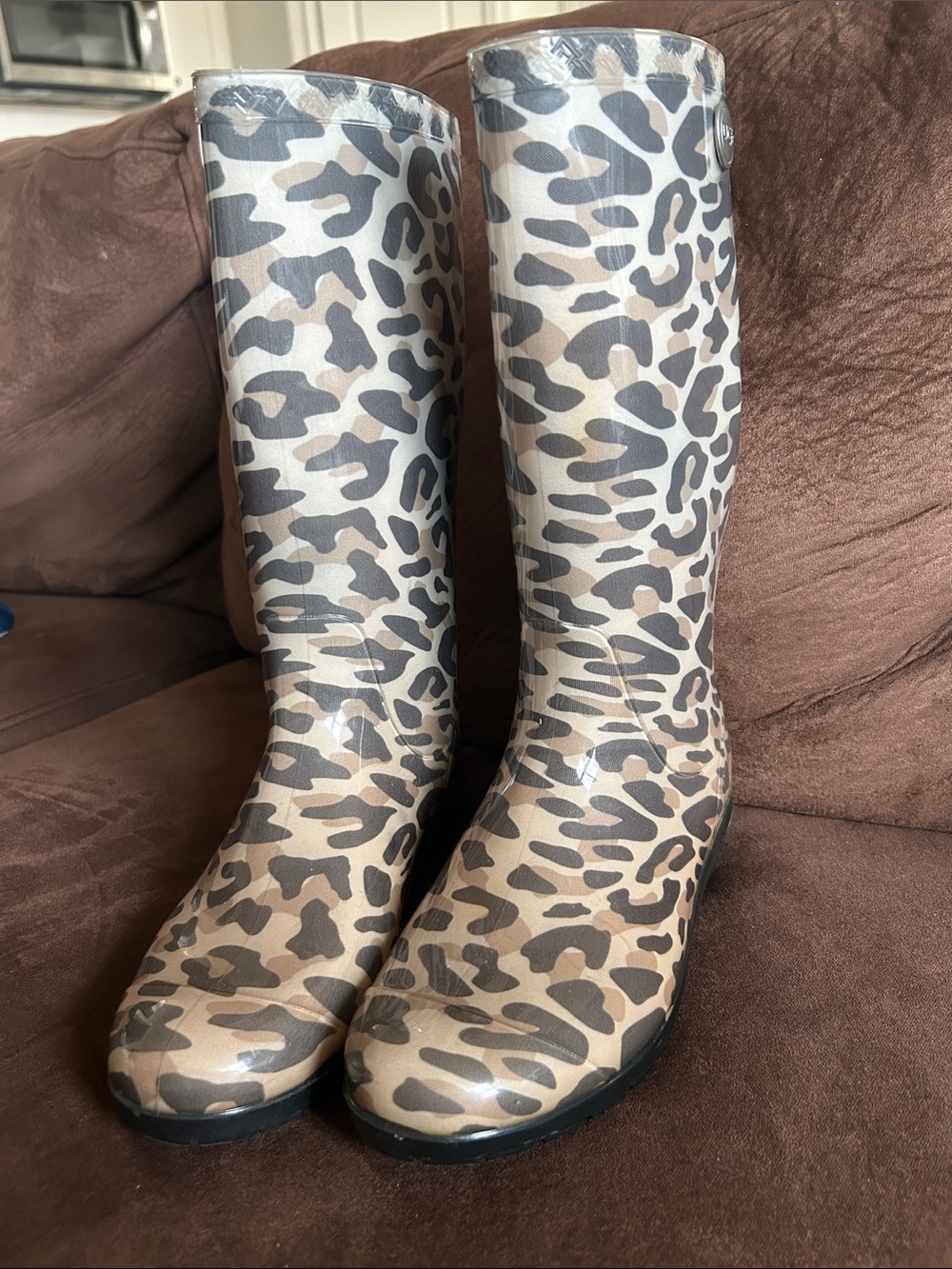 UGG Leopard-Print Tall Rain Boots in Tan and Black